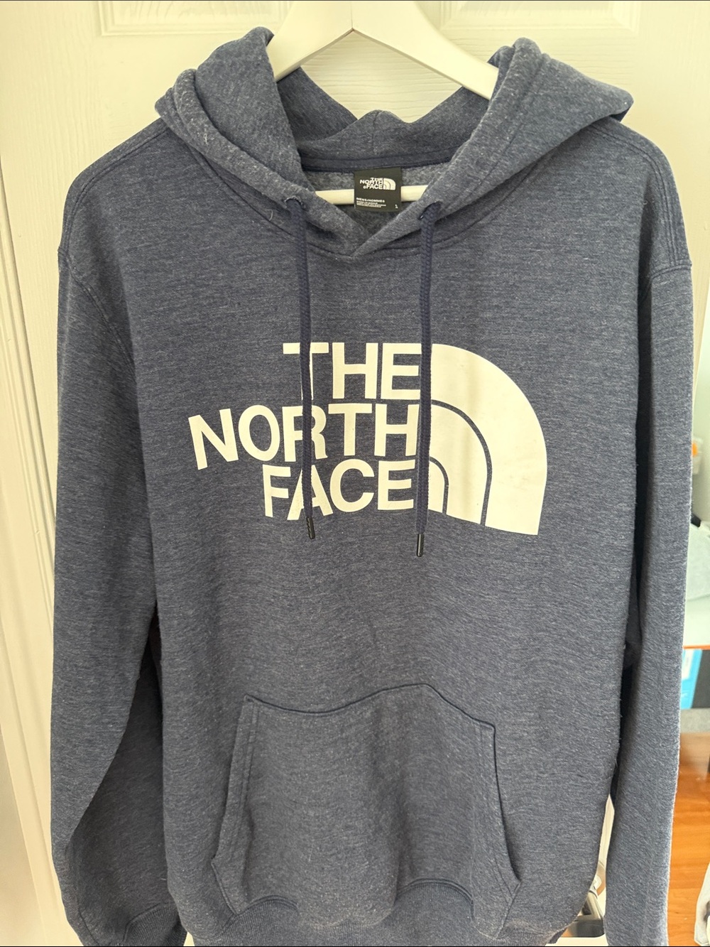 The North Face Men's Heather Navy Pullover Hoodie with White Logo